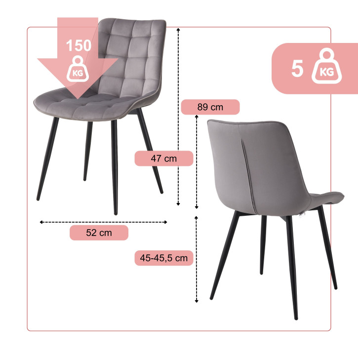 BHS LIVING Esszimmerstuhl, Küchenstuhl, Stuhl für den Wartebereich SERENA Polstersessel mit Samtstoff grau  55x53x88 cm